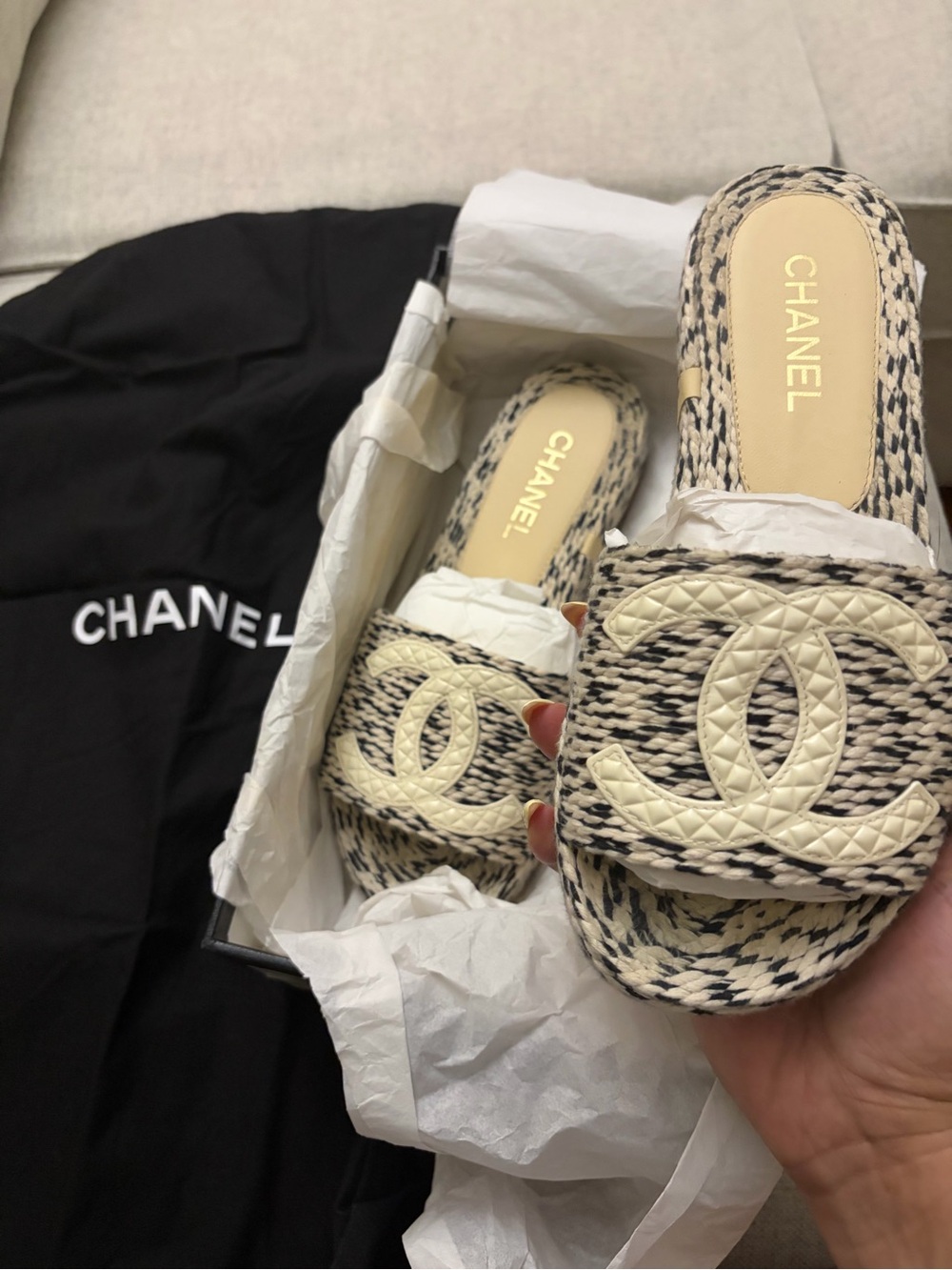 CHANEL Black and White Woven Slide Sandals